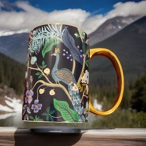 Rifle Paper Co. Peacock Porcelain Mug Cup Gold Tone Handle & Accents, Great Gift